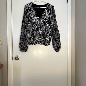 White House Black Market Black and White Wrap Blouse